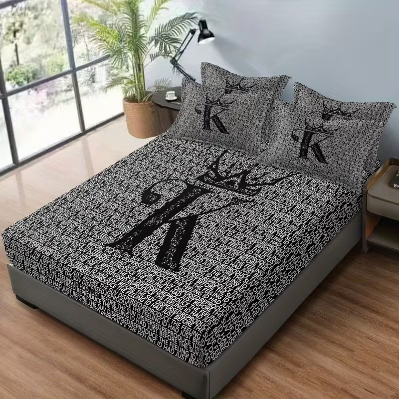 Alphabet Print Fitted Bed Sheet Set With Pillowcases