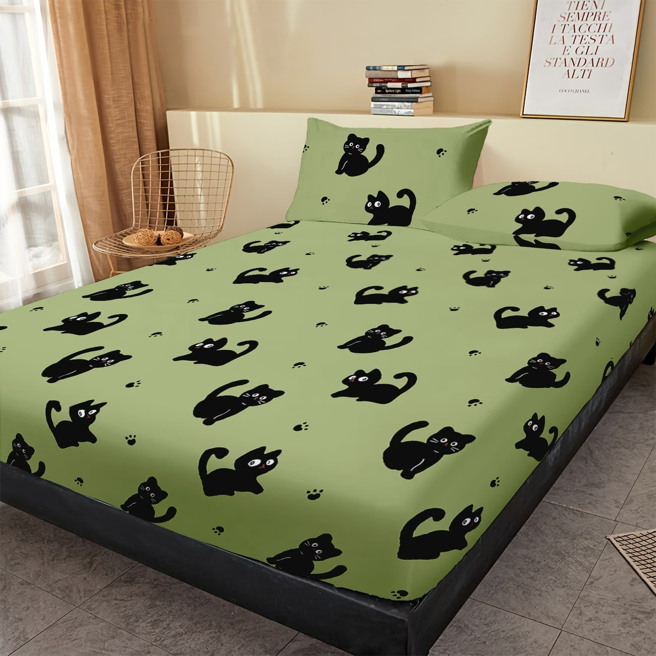 Cartoon Cat Design Print Quilted Fitted Bed Sheet
