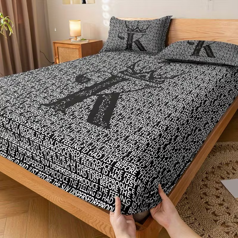 Alphabet Print Fitted Bed Sheet Set With Pillowcases