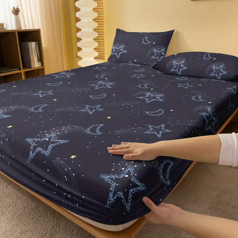 Sky Printed Fitted Bedsheet With Star And Moon Design
