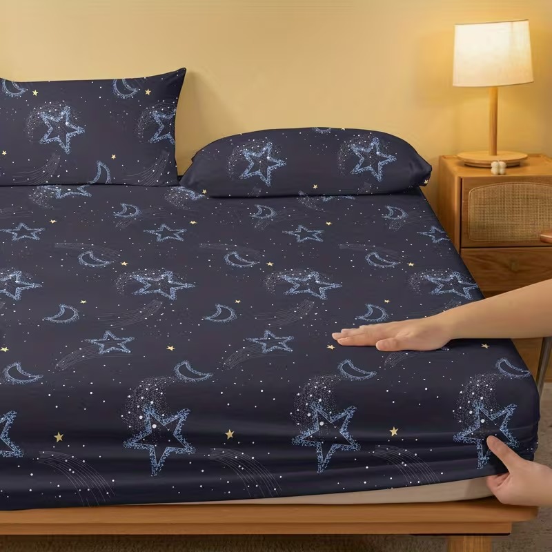 Sky Printed Fitted Bedsheet With Star And Moon Design