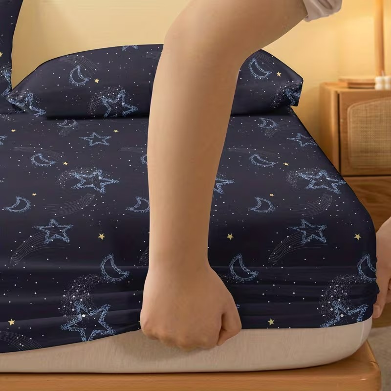 Sky Printed Fitted Bedsheet With Star And Moon Design