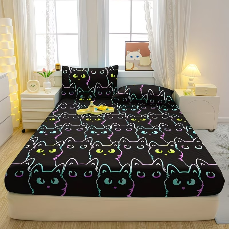 Cartoon Cat Print Fitted Bed Sheet Quilted Bedding Cover