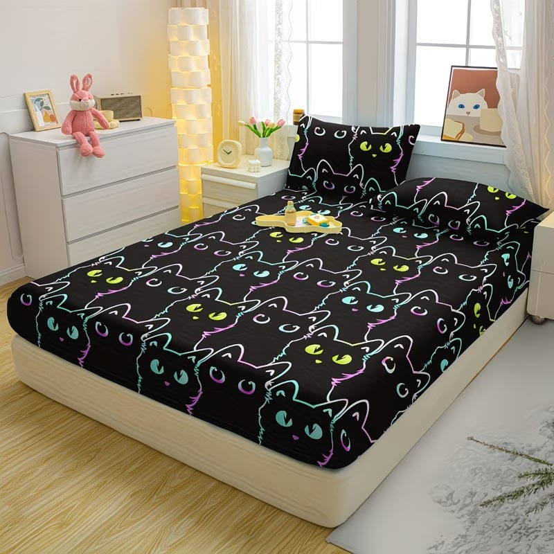 Cartoon Cat Print Fitted Bed Sheet Quilted Bedding Cover