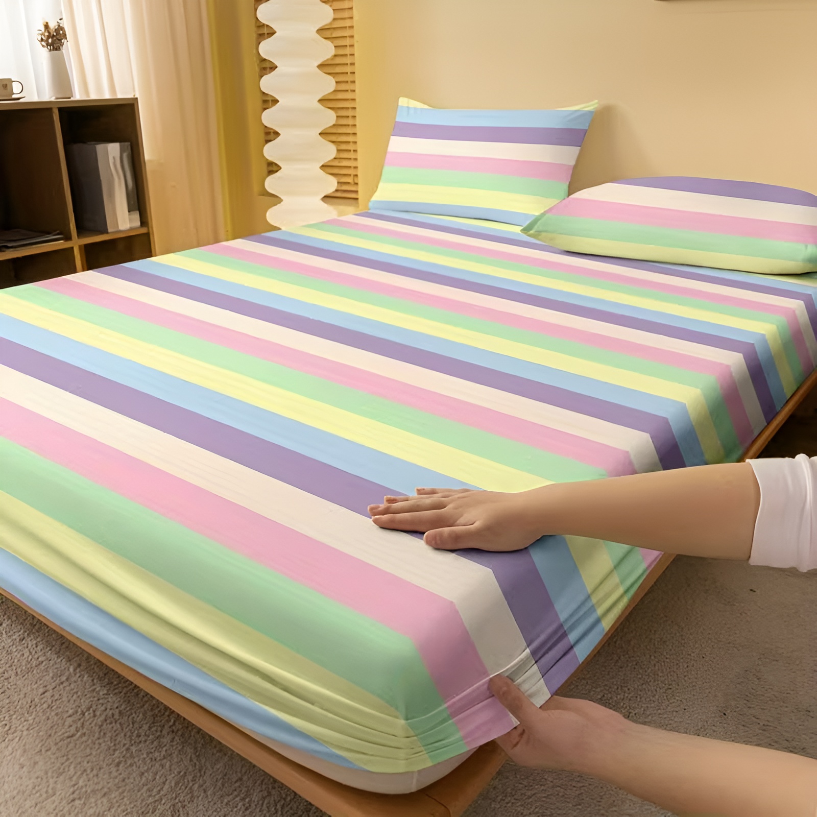 Striped Design Printed Flannel Fitted Bed Sheet