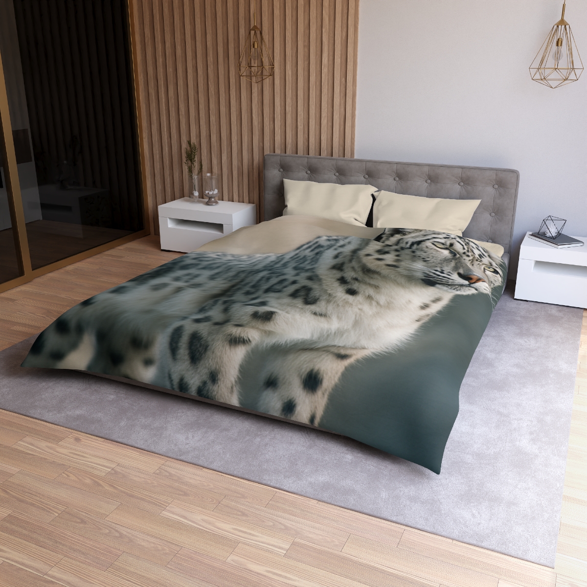 Mist Veil Snow Leopard designer printed duvets