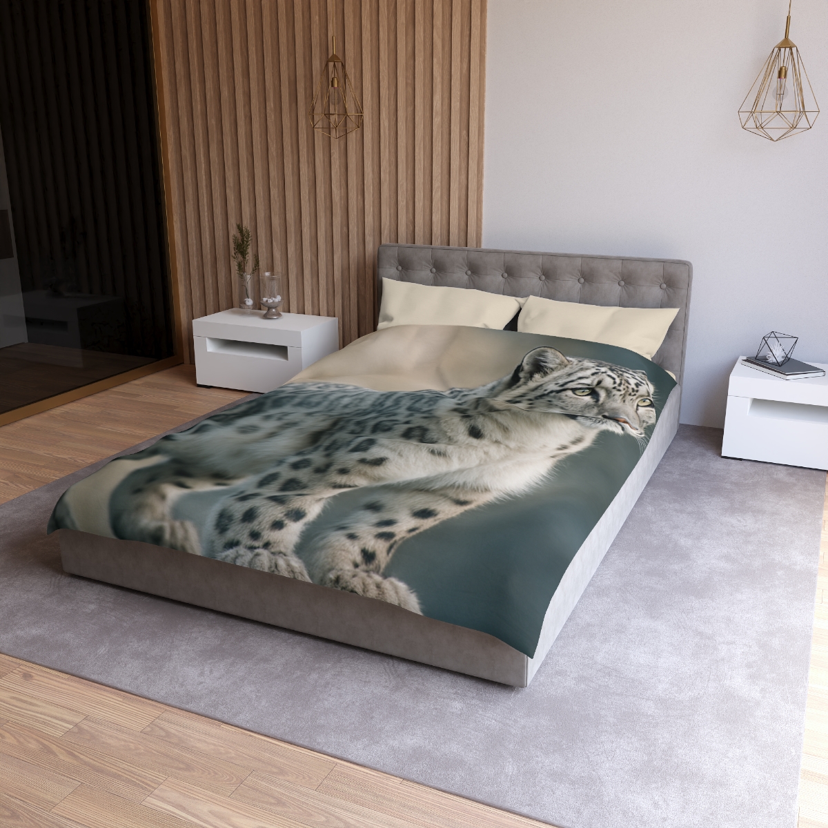 Mist Veil Snow Leopard designer printed duvets
