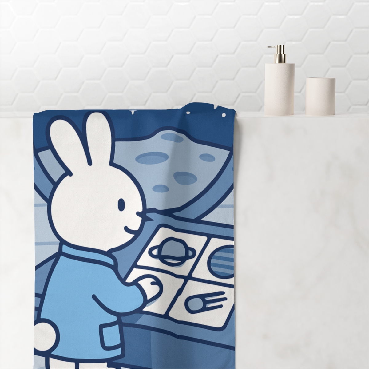 Moonbase Bunny Science Lab designer printed towels