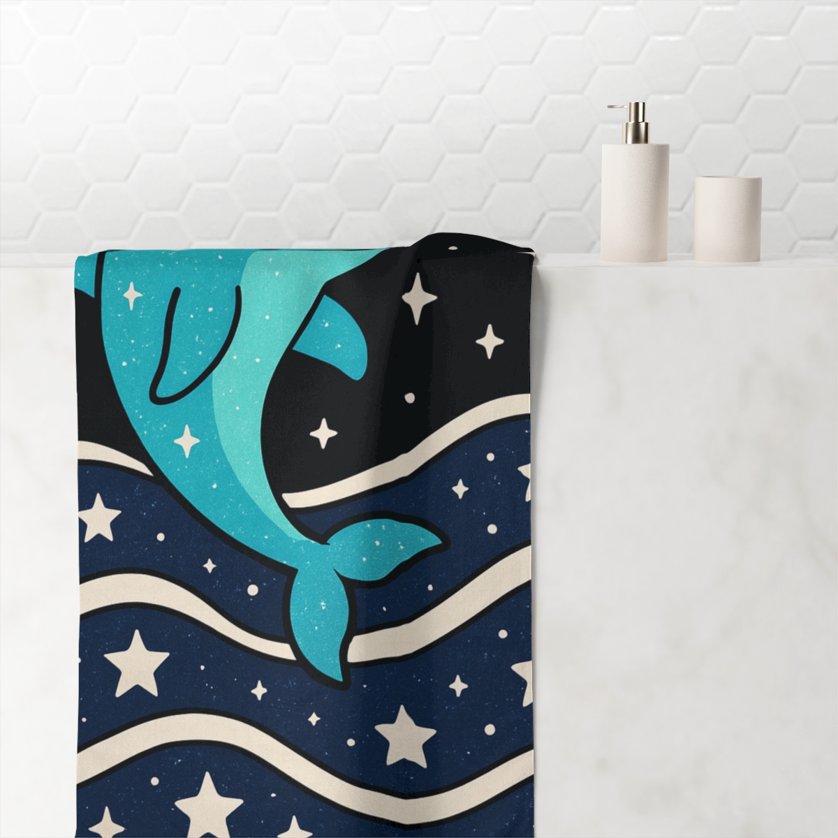 Moonlight Dolphin Star Swim designer printed towels