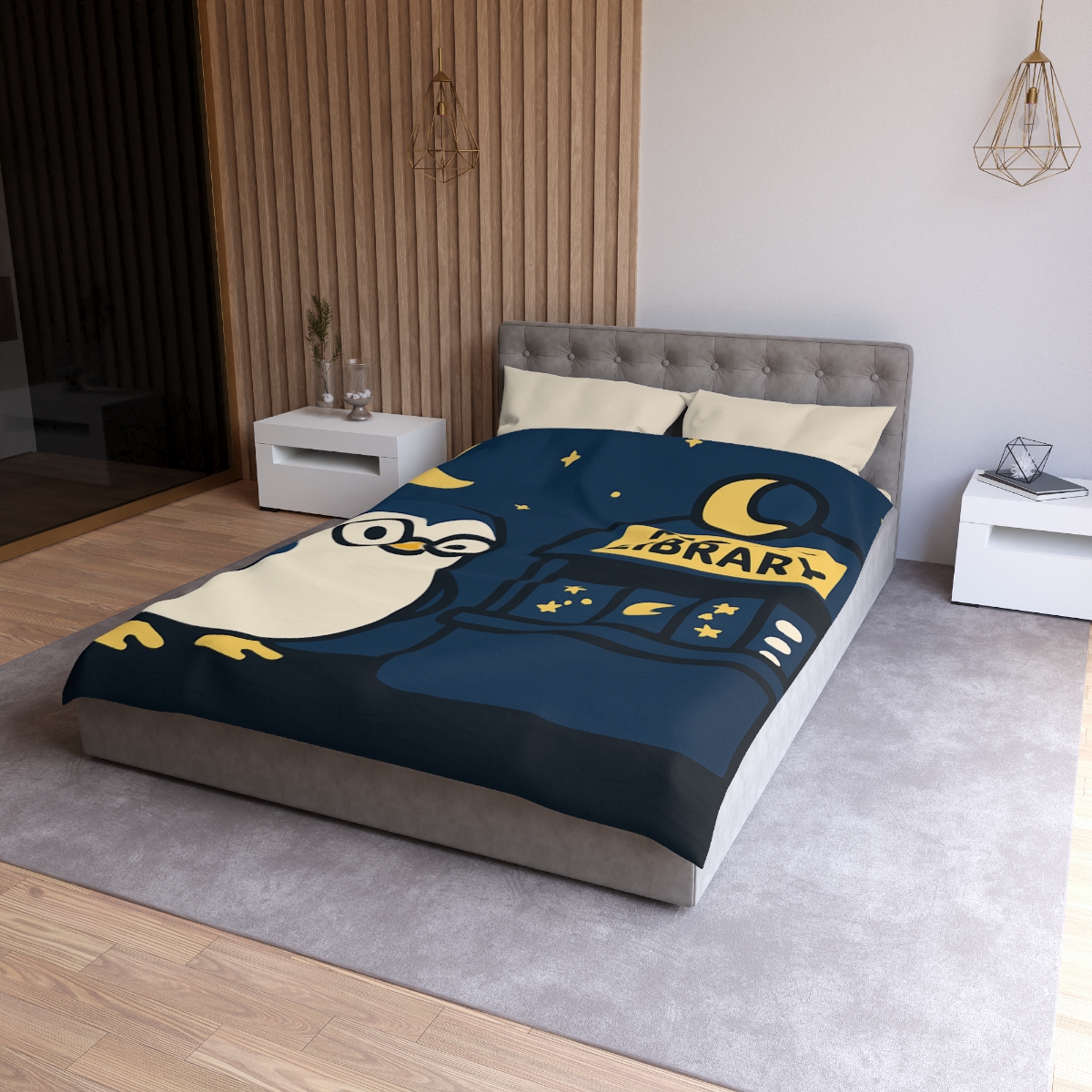 Moonlight Library Run By A Wise Penguin Astronomer stylish duvet covers