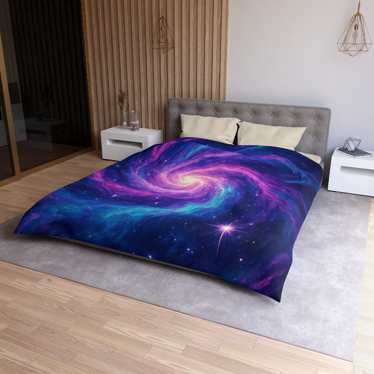 Nebula Spiral Haze designer printed duvets