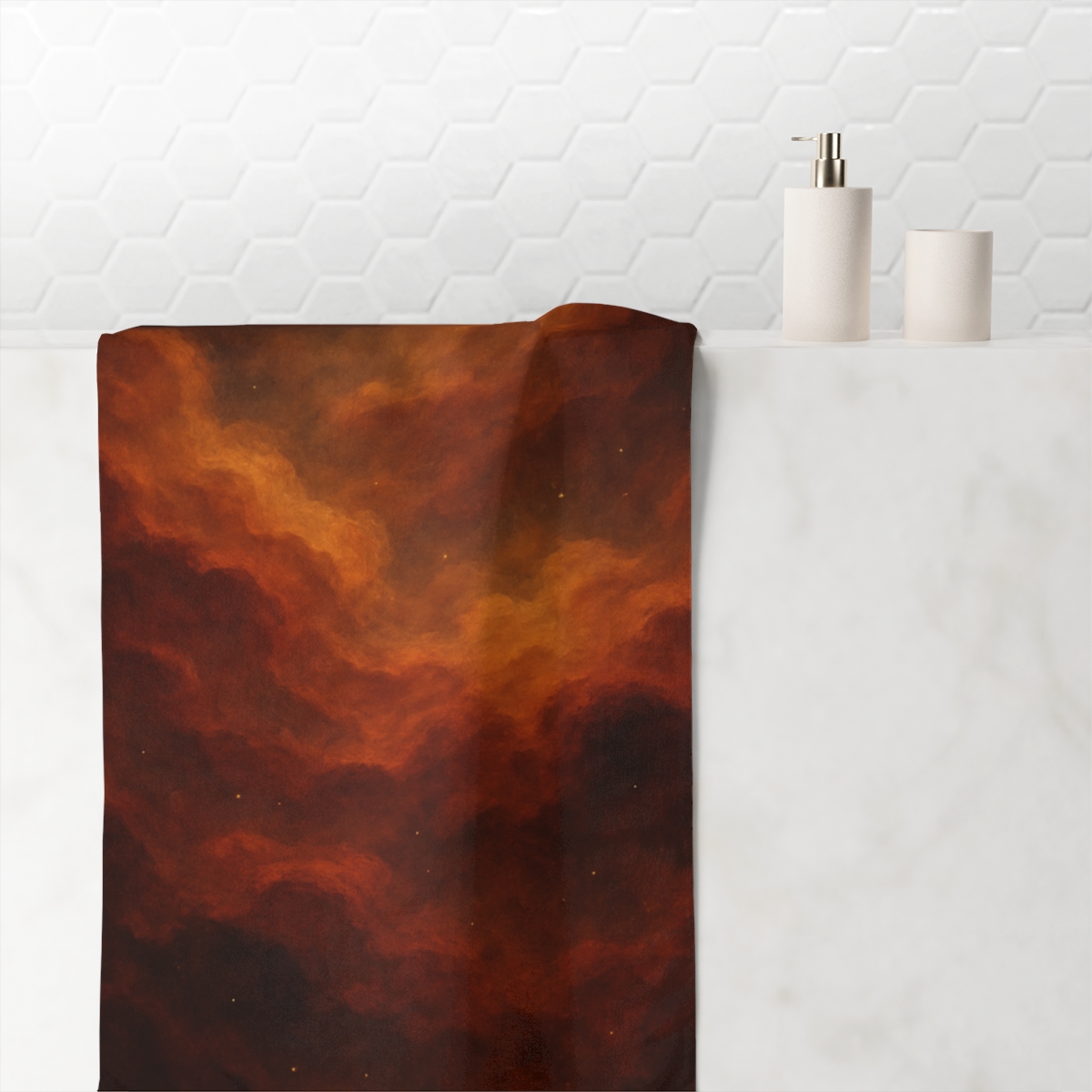 Nebular Ember Tide designer printed towels