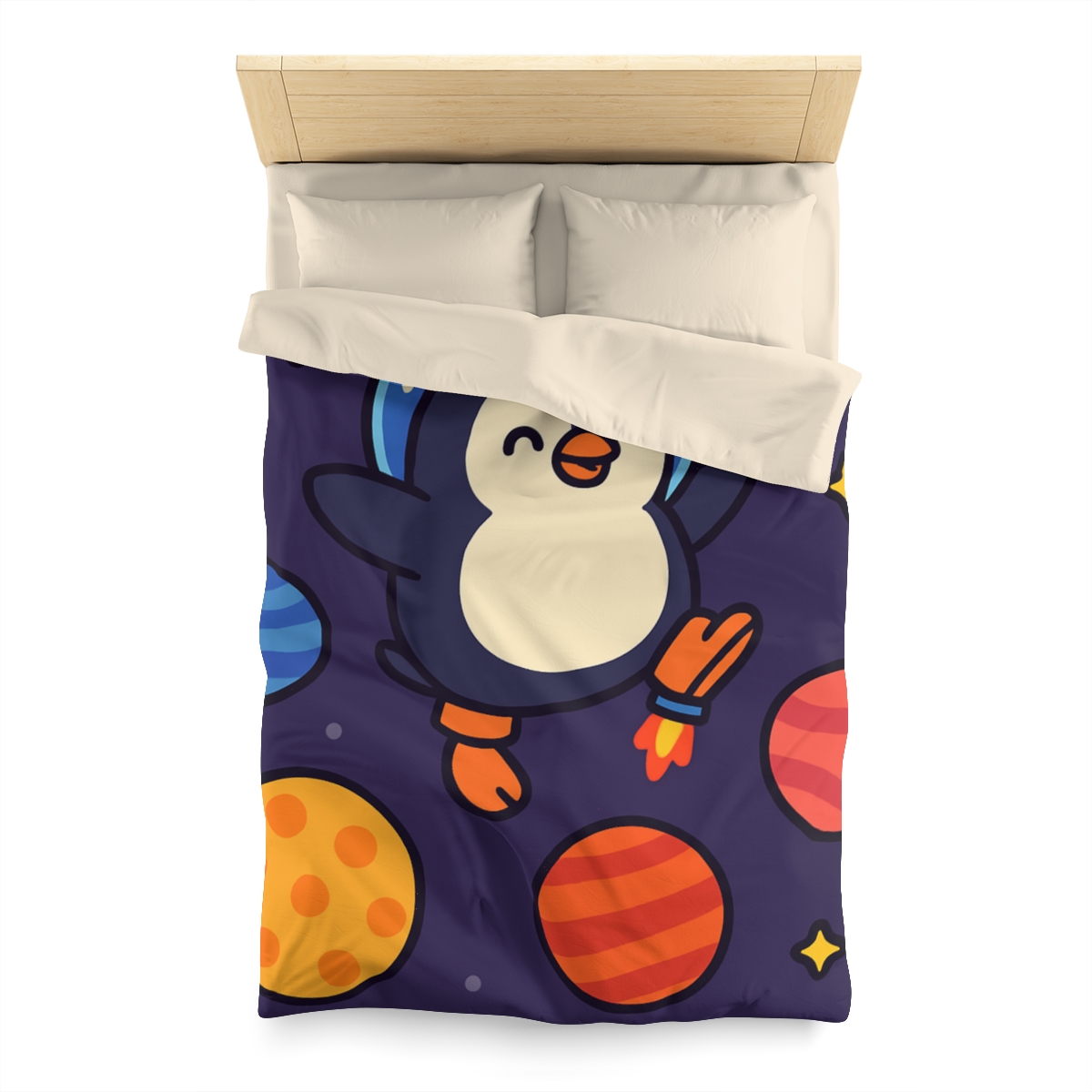 Planet Hopping Penguin Adventure stylish duvet covers