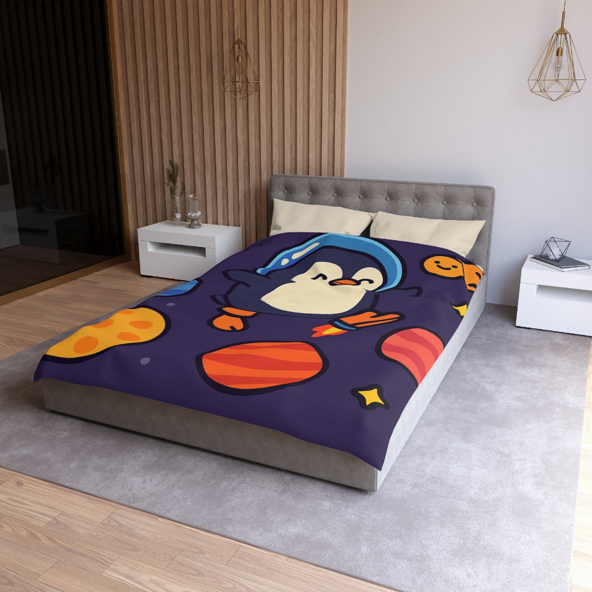 Planet Hopping Penguin Adventure stylish duvet covers