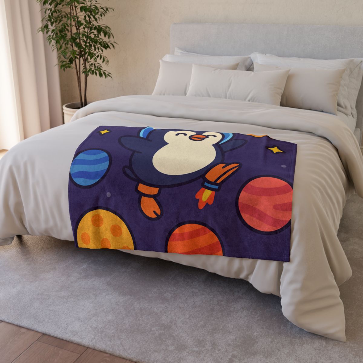 Planet Hopping Penguin Adventure personalized cozy blankets