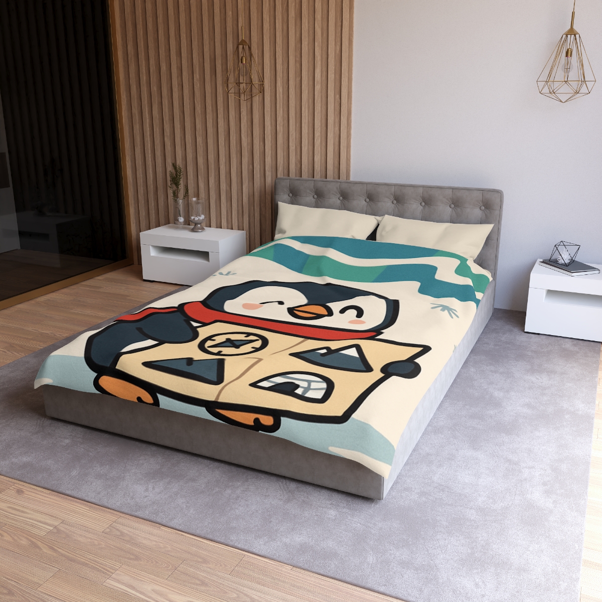 Polar Lights Penguin Map Quest designer printed duvets