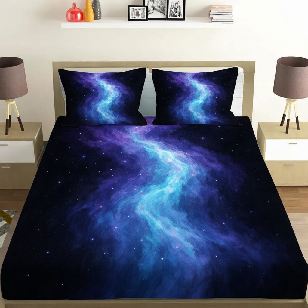 Nebula Glow Cascade soft cotton bedsheet and pillow cover sets