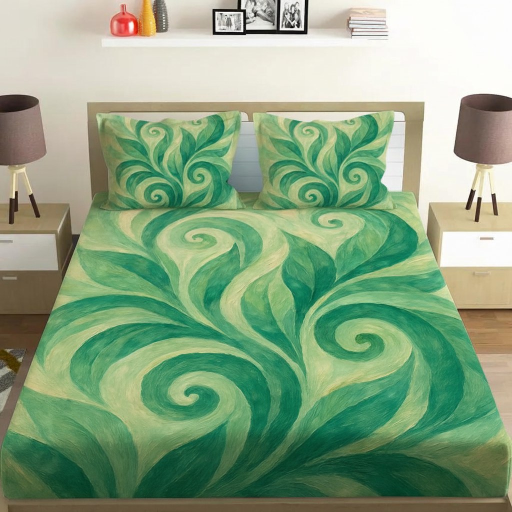 Curled Leaf Whirl designer printed bedsheets with matching pillow covers