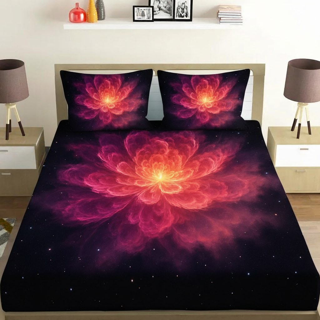 Fractal Nebula Bloom soft cotton bedsheet and pillow cover sets