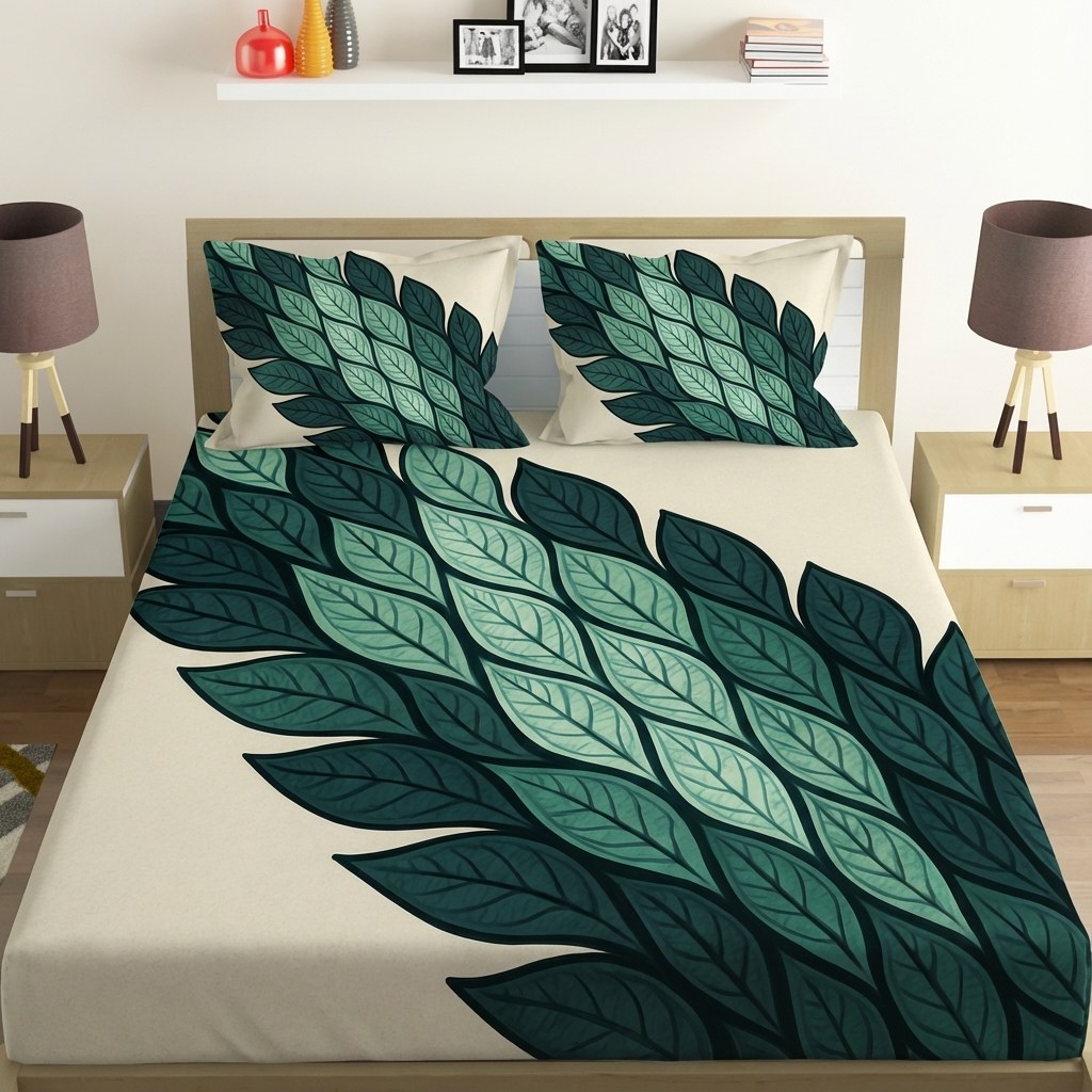 Fractal Leaf River designer printed bedsheets with matching pillow covers