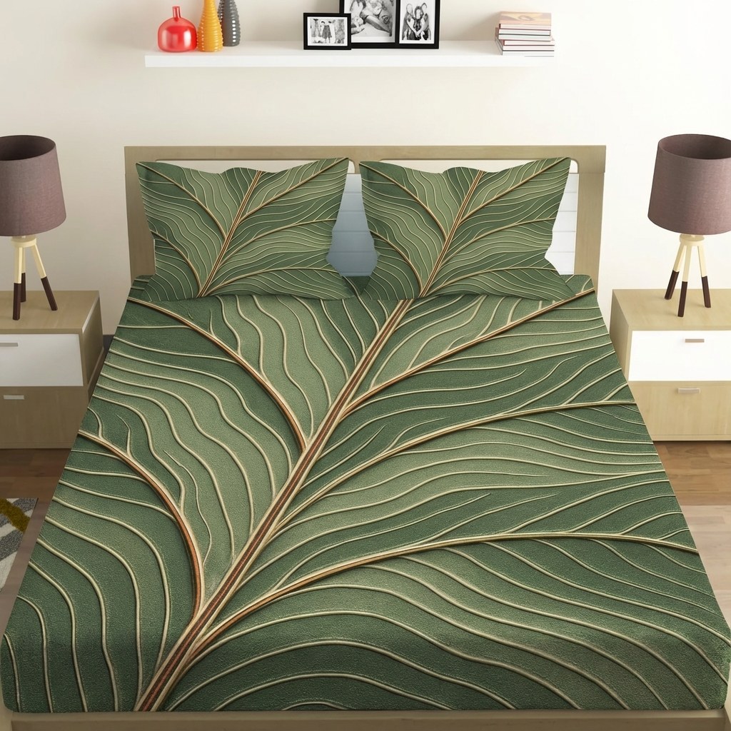 Leaf Vein Topography Lines designer printed bedsheets with matching pillow covers