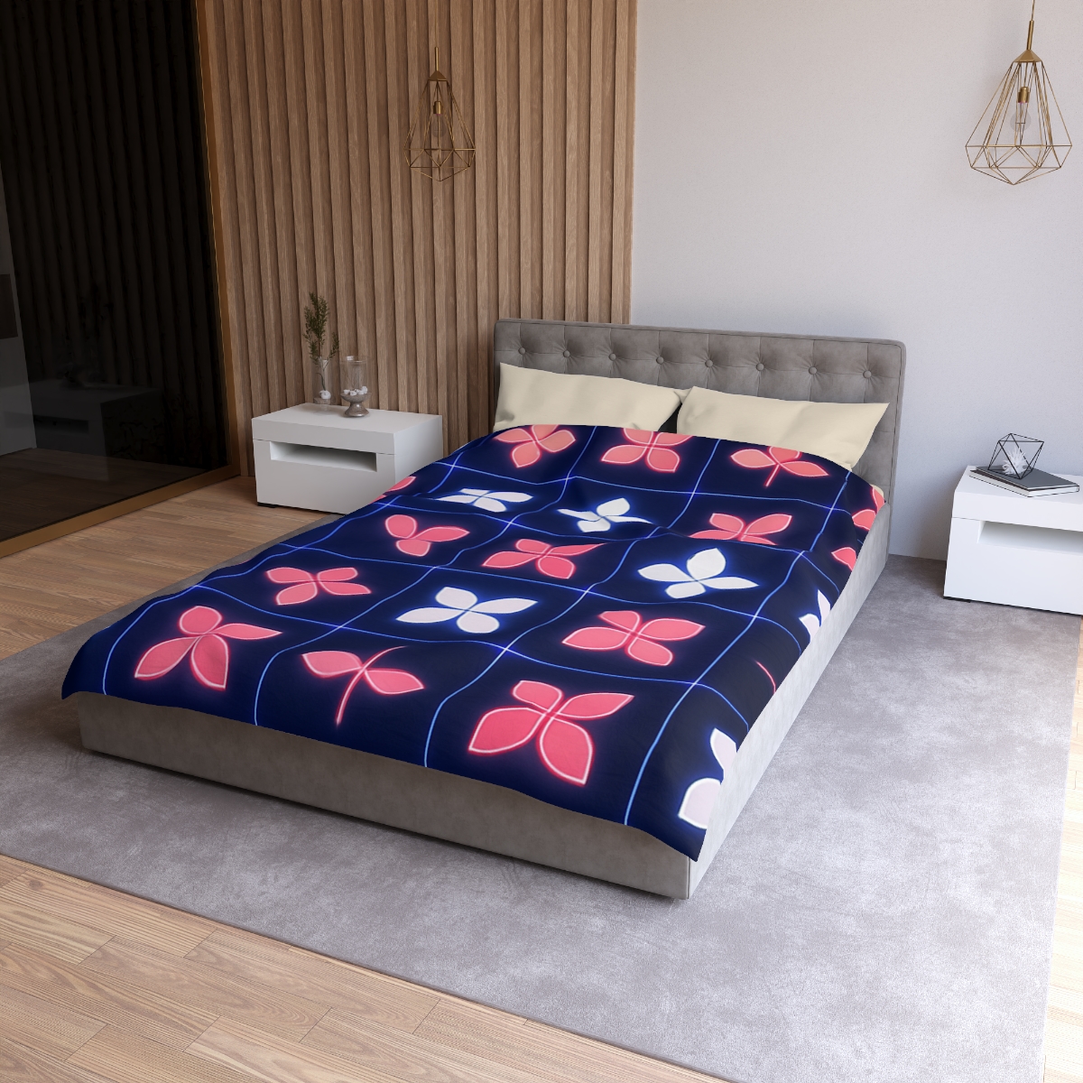 Quantum Blossom Grid designer printed duvets
