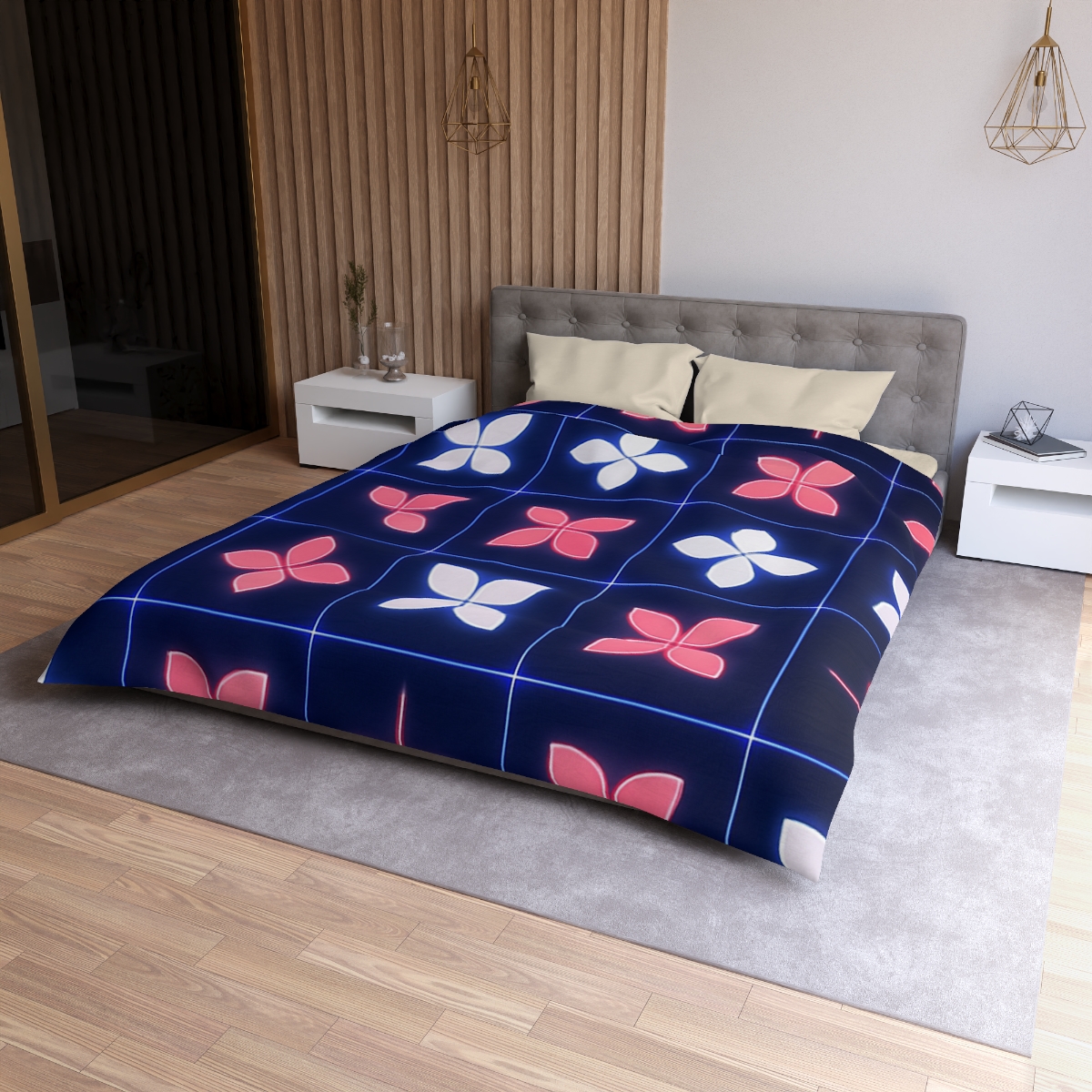 Quantum Blossom Grid designer printed duvets
