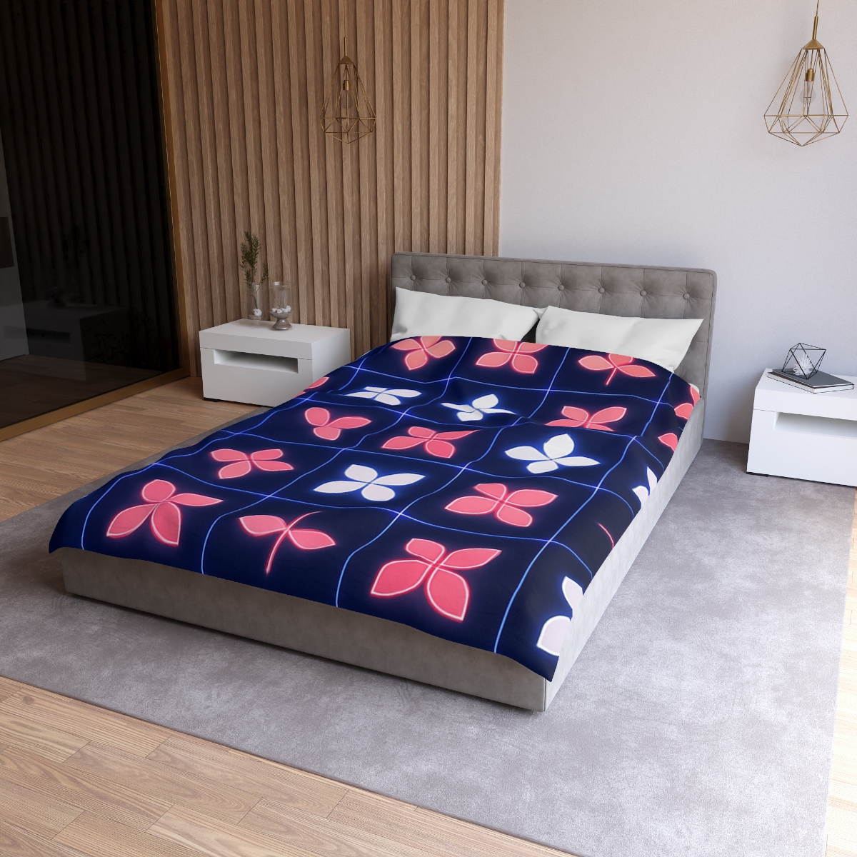 Quantum Blossom Grid designer printed duvets