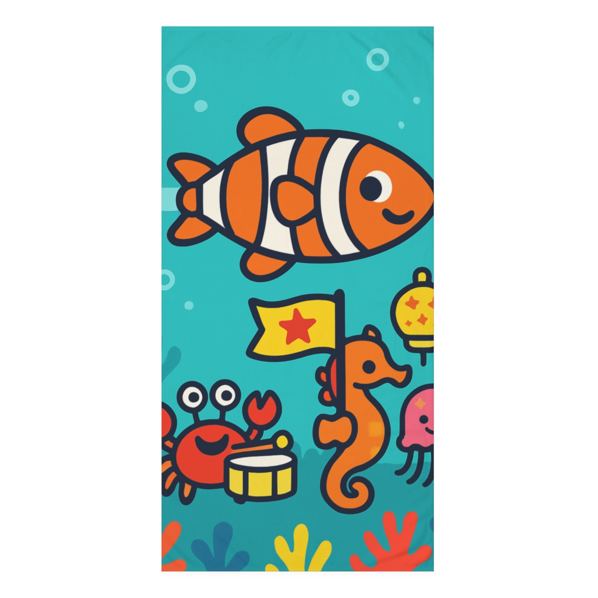 Rainbow Reef Rocket Parade designer printed towels