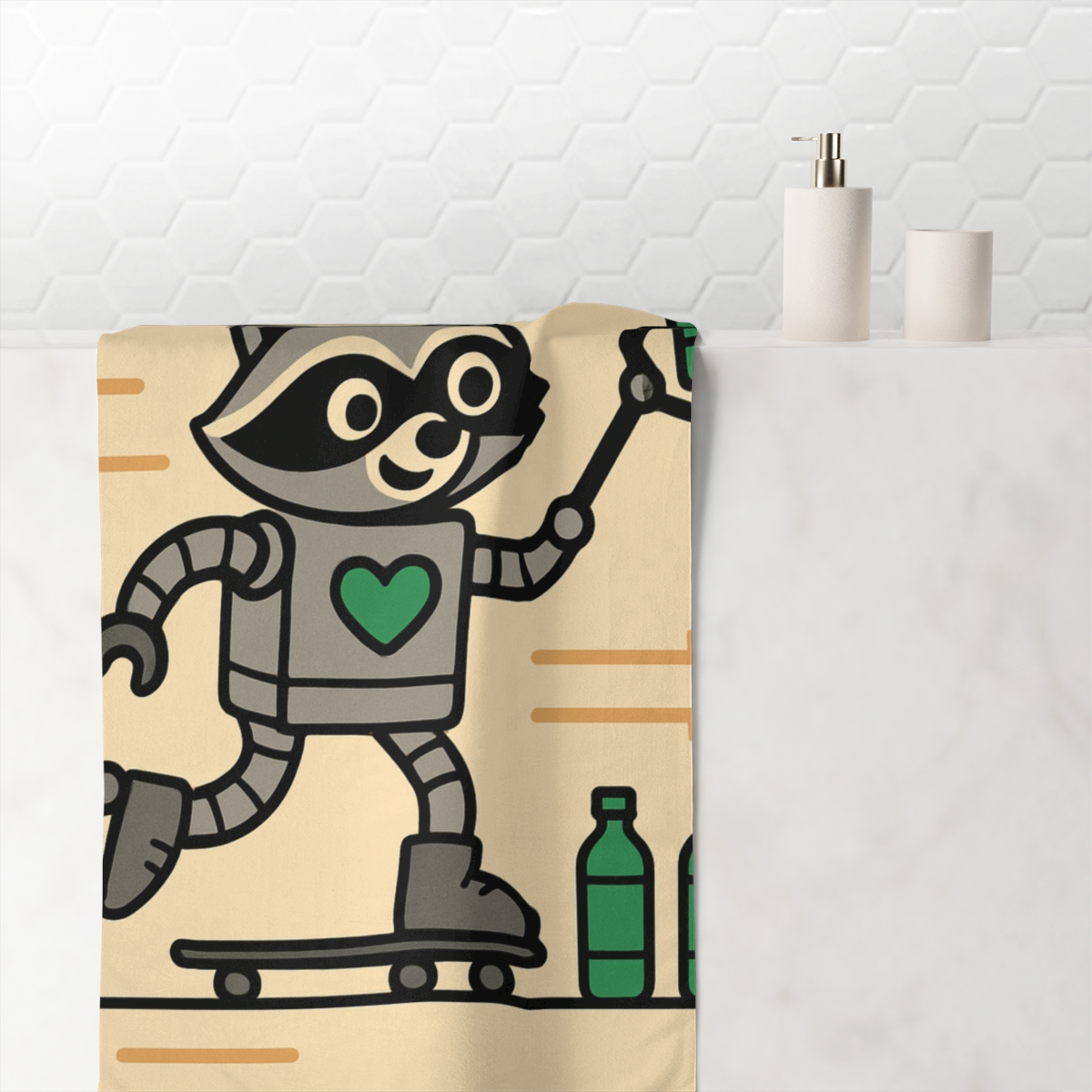 Robot Raccoon Recycling Rally soft cotton towels