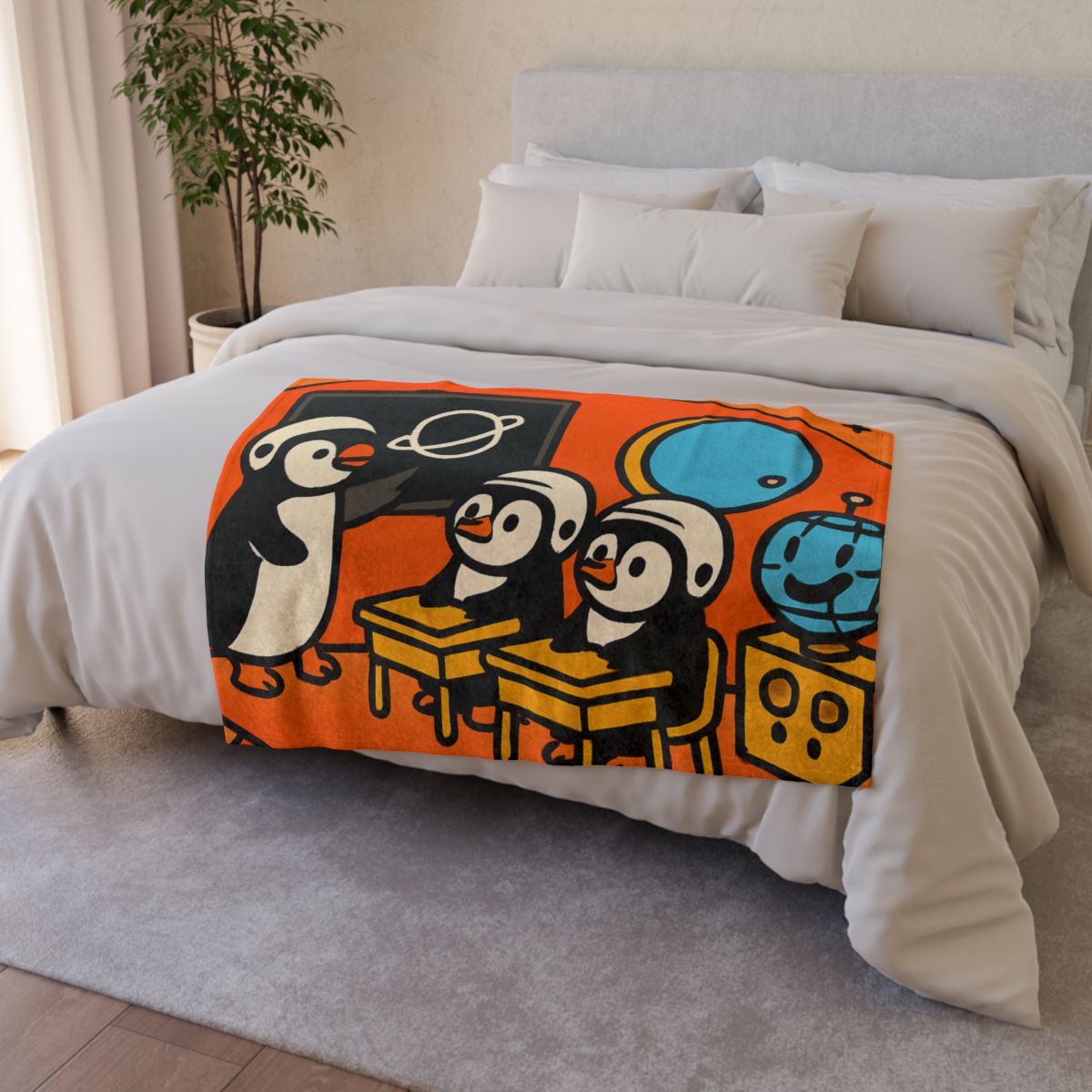 Rocket Classroom With Penguin Pilots unique gift blankets