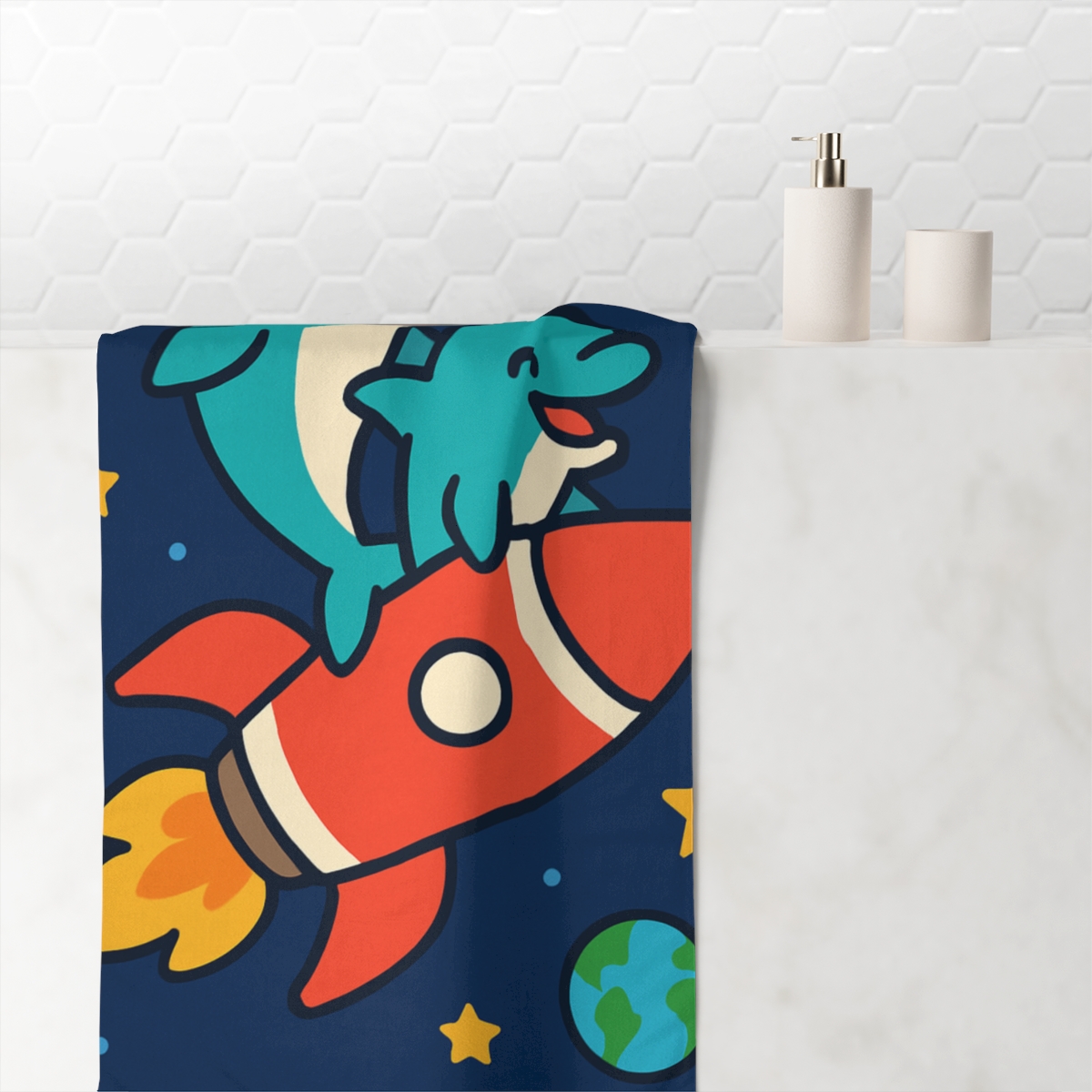Rocket Riding Dolphin Duo designer printed towels