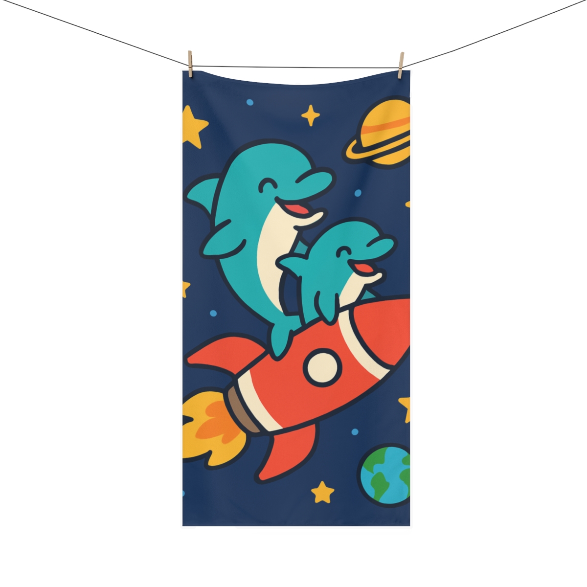 Rocket Riding Dolphin Duo designer printed towels
