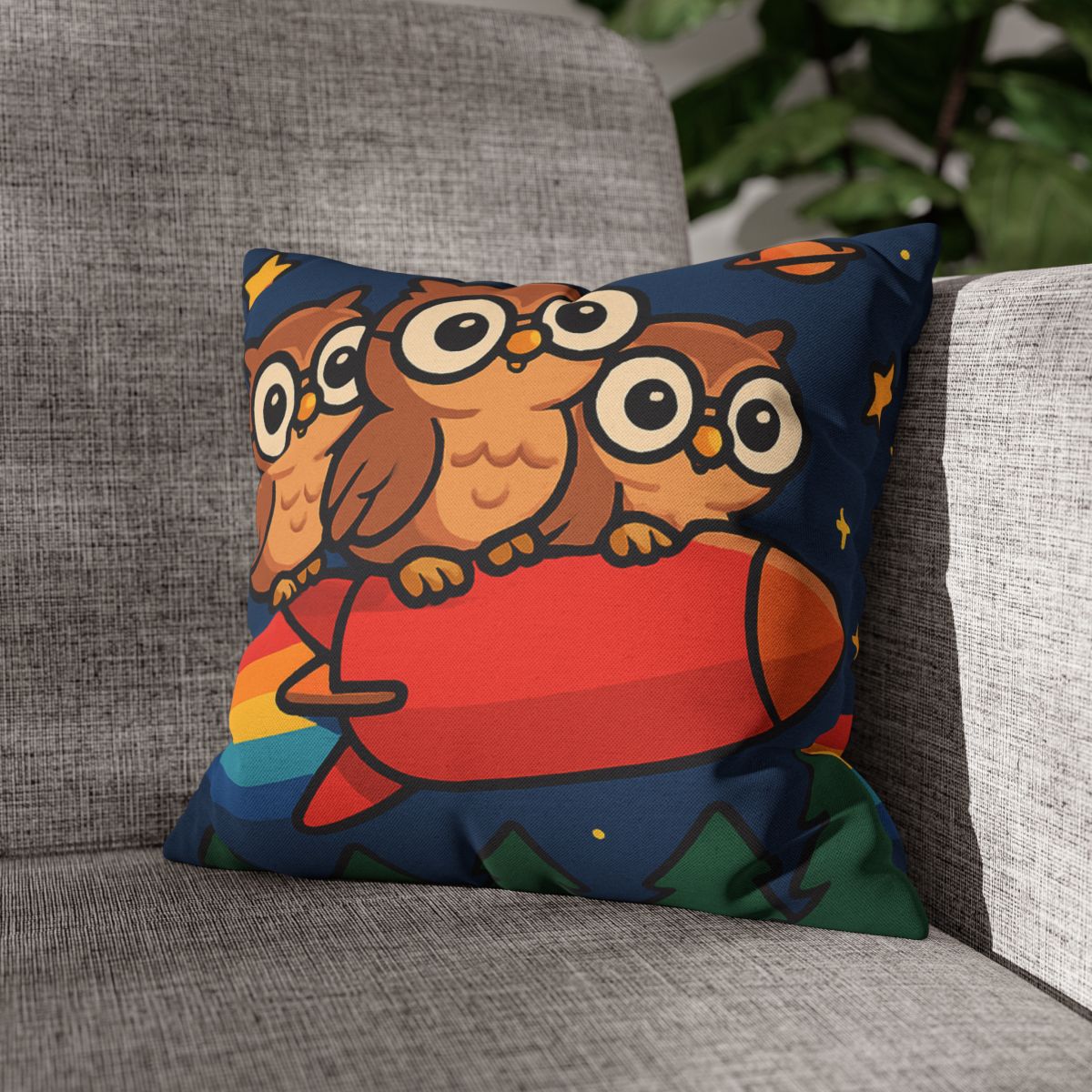 Rocket Riding Forest Owls designer print pillow cases