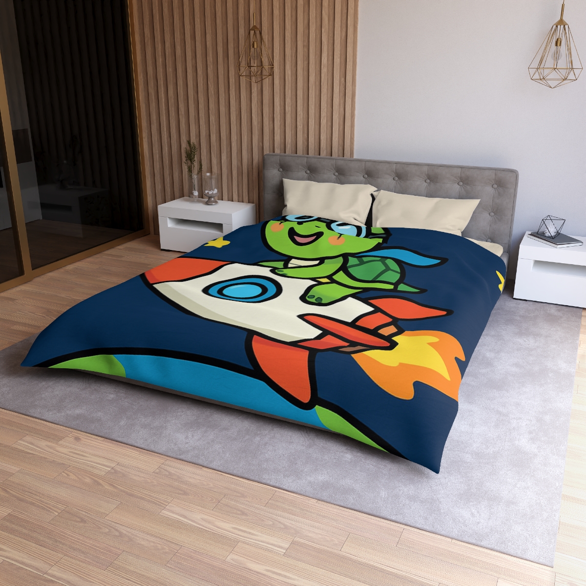 Rocket Riding Turtle To The Moon unique patterned duvets