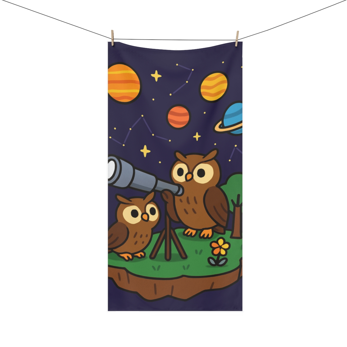 Stargazing Owls On A Floating Island designer printed towels