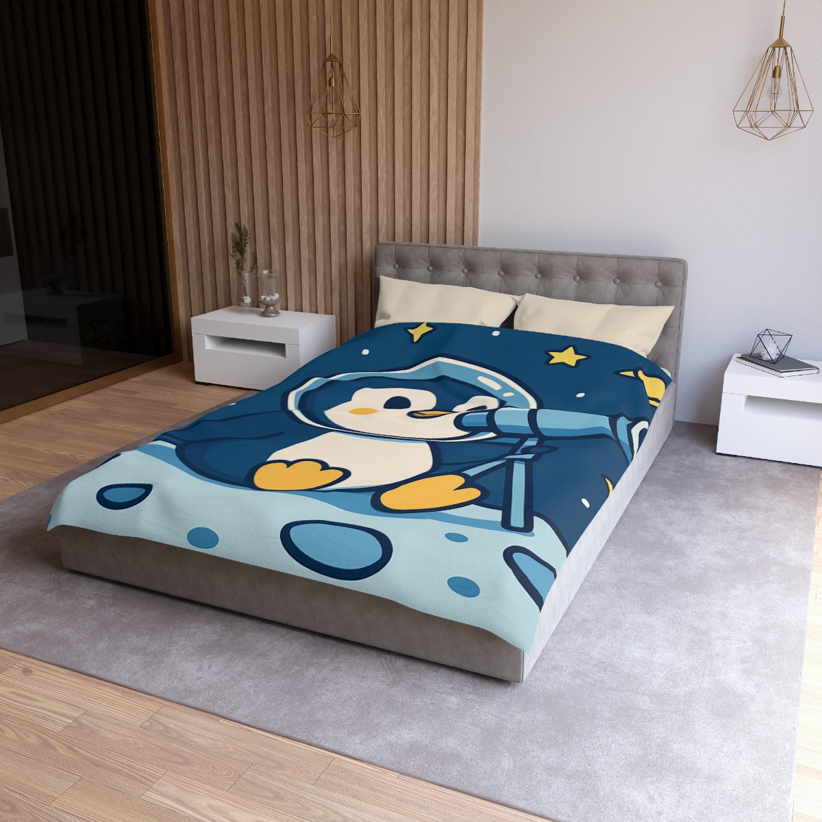 Stargazing Penguin On The Moon personalized bedding duvets