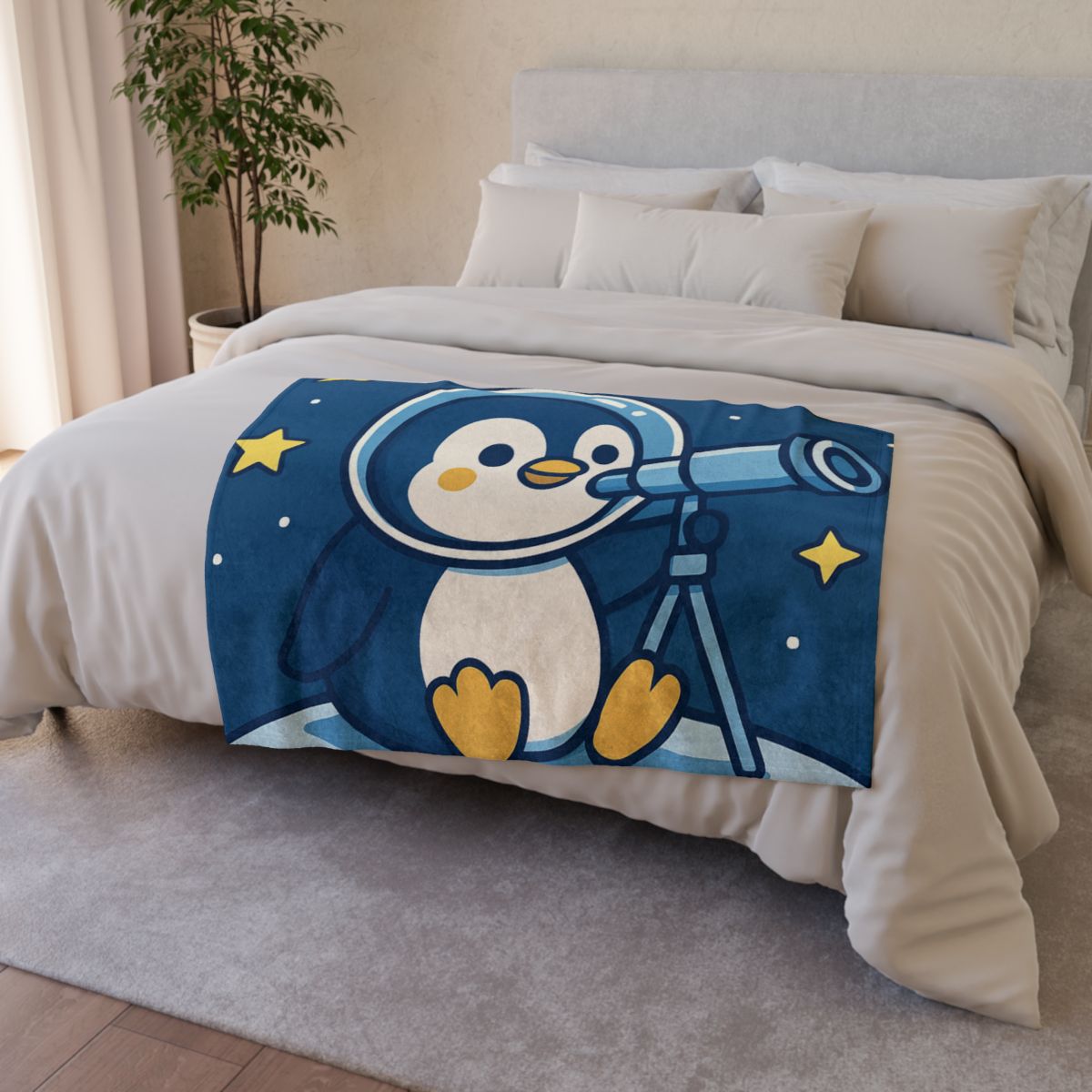 Stargazing Penguin On The Moon stylish throw blankets