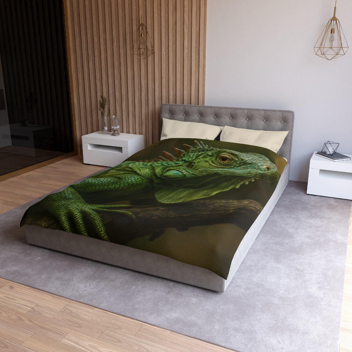 Starlit Stillness Green Iguana designer printed duvets