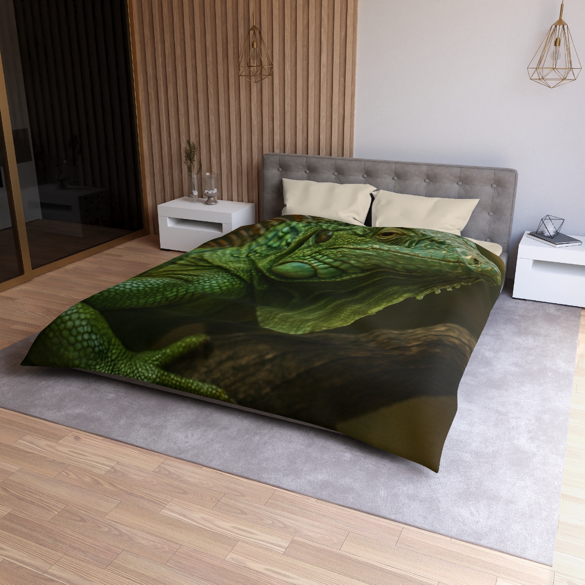 Starlit Stillness Green Iguana designer printed duvets