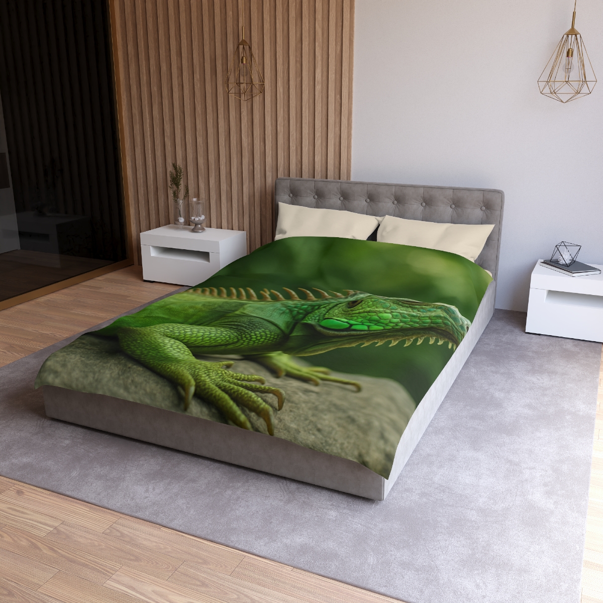 Stone Watcher Green Iguana designer printed duvets