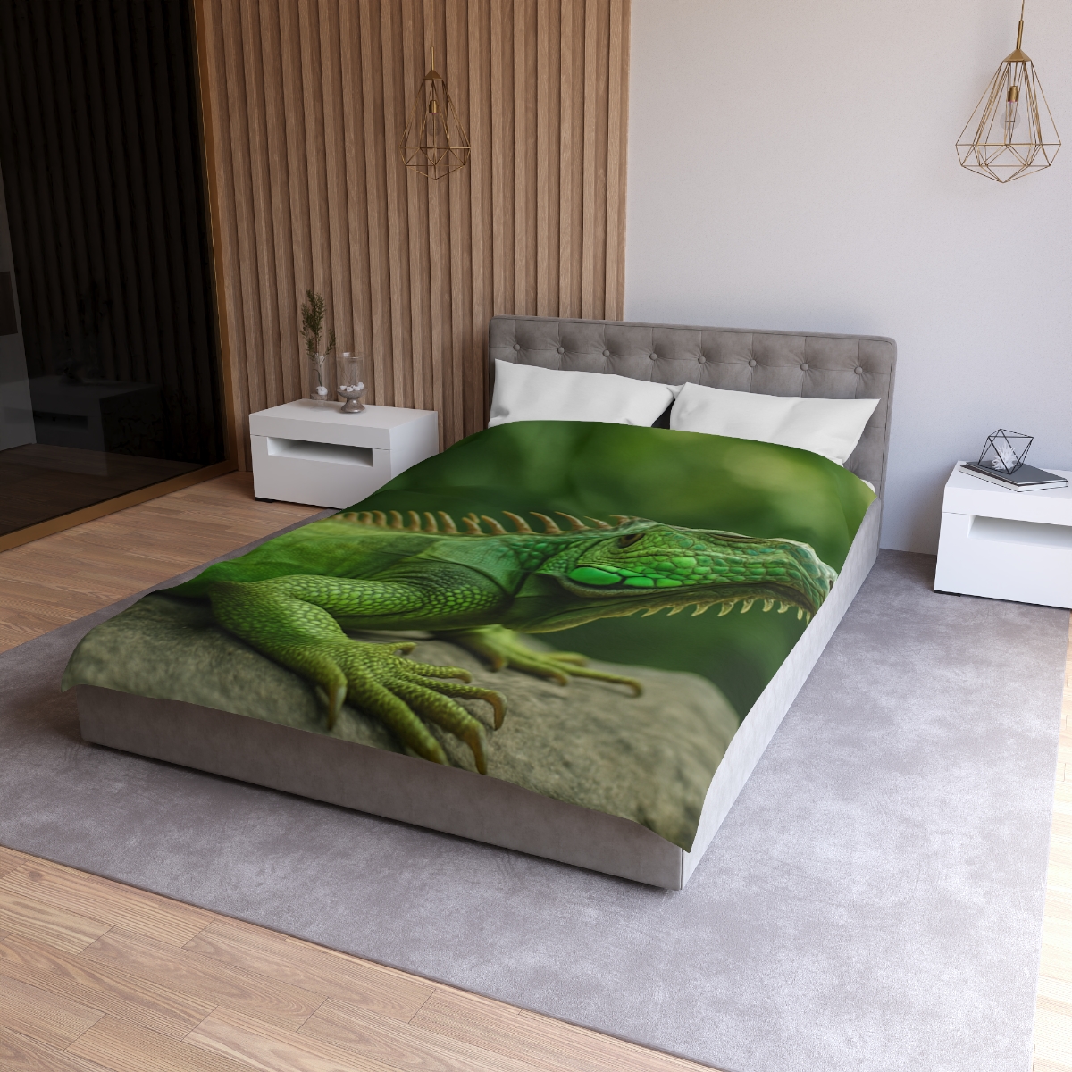 Stone Watcher Green Iguana designer printed duvets