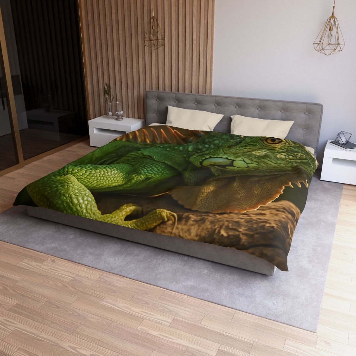 Sunlit Perch Green Iguana custom duvets