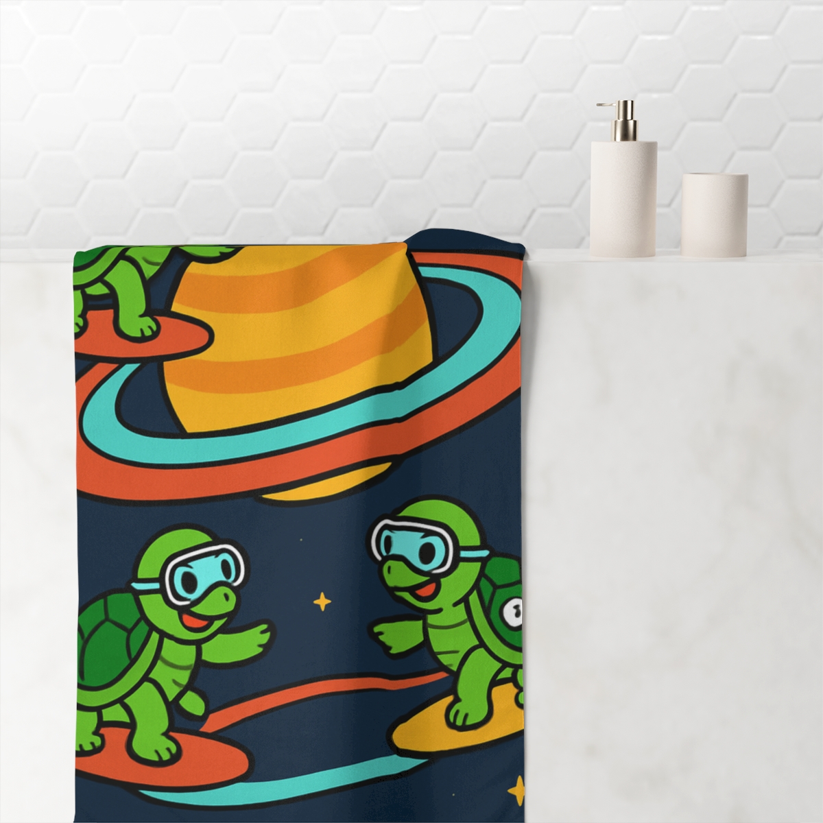 Time Traveling Turtles Around Saturn designer printed towels