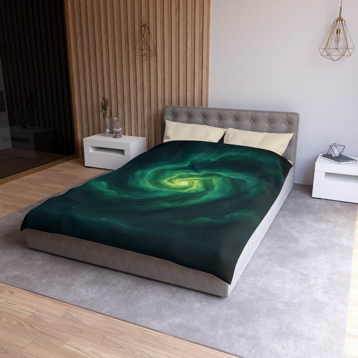 Verdant Nebula Swirl designer printed duvets