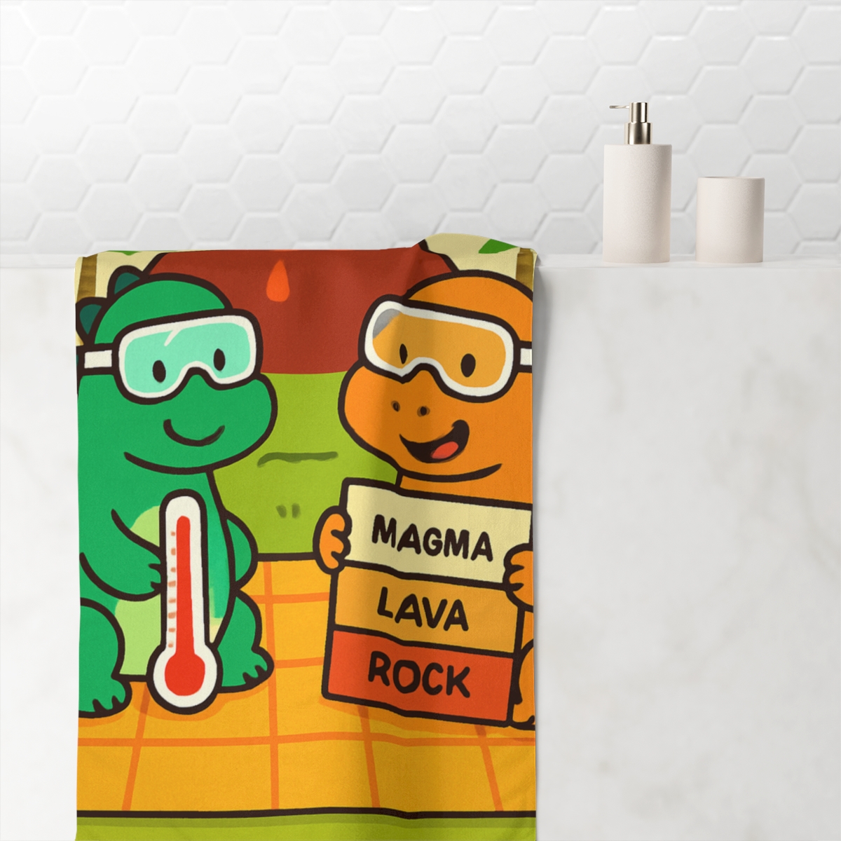 Volcano Picnic Dino Scientists trendy hand towels