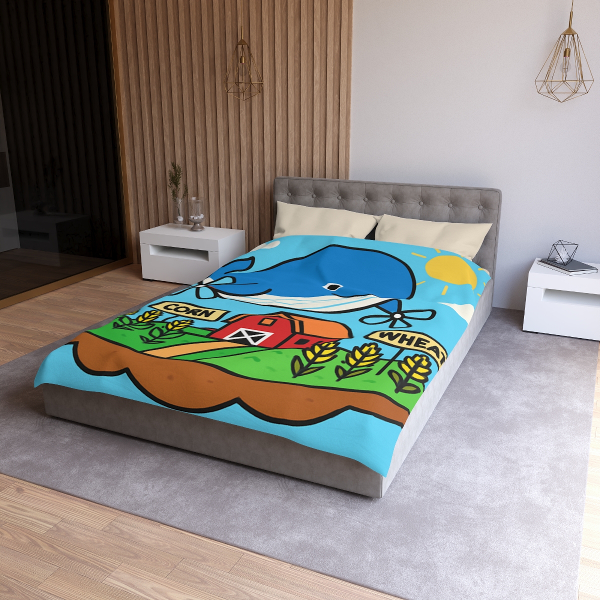 Windmill Whale Above The Floating Farm designer printed duvets