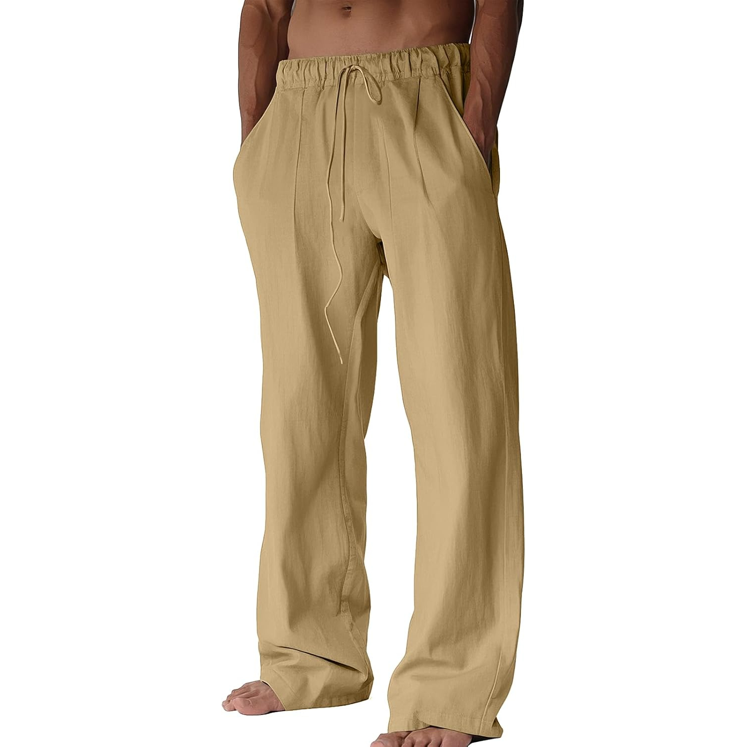 Linen Blend Casual Pants With Drawstring And Lightweight Comfort For Men – fabric detail close-up