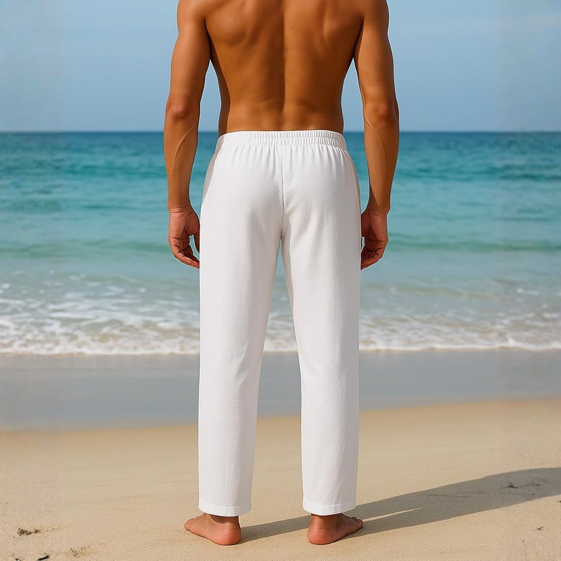 Linen Blend Casual Pants With Drawstring And Lightweight Comfort For Men – waistband detail