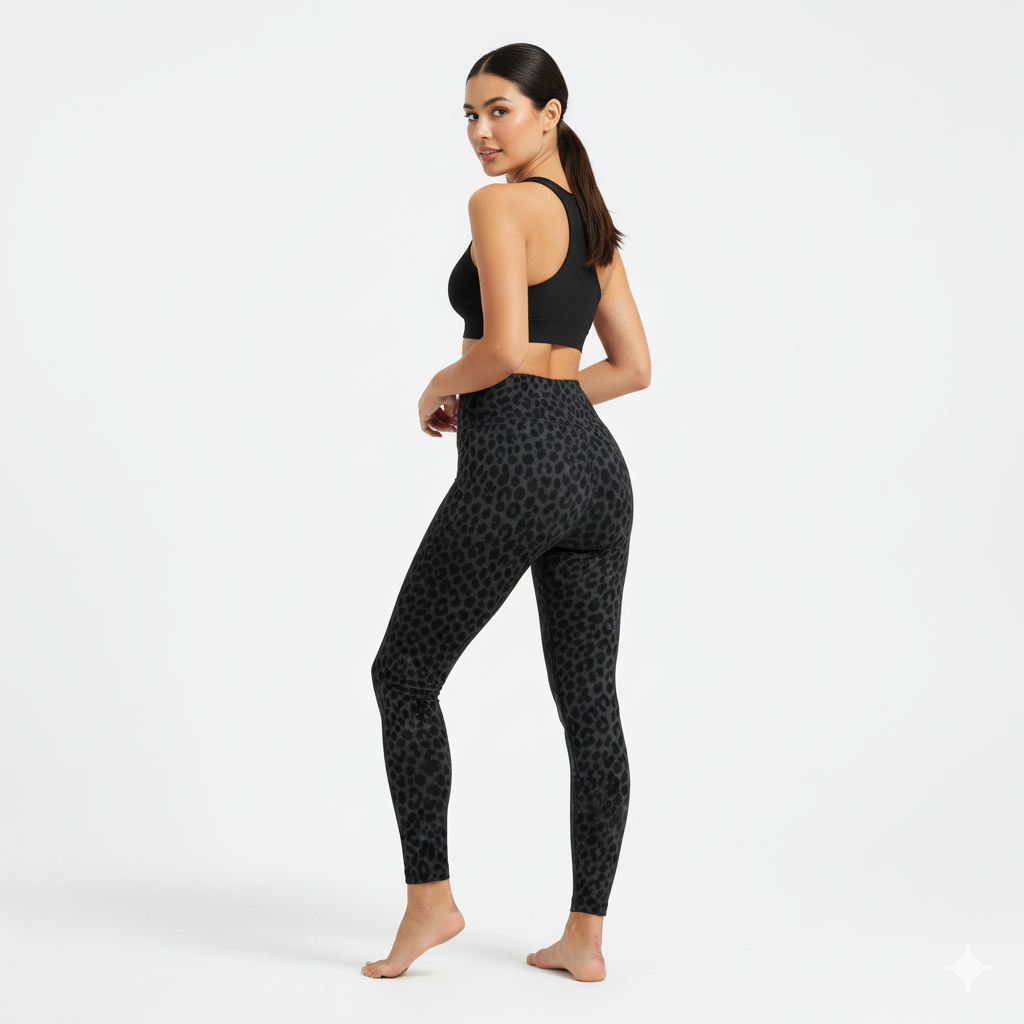 Women's Black Flocked Leopard Print High Rise Leggings – pocket detail close-up